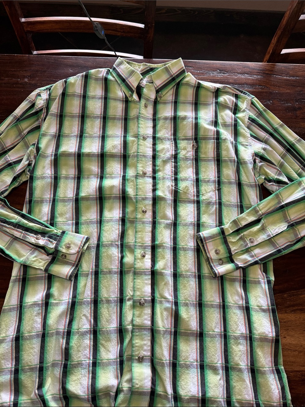 Wrangler Green and White Plaid Button-Down Shirt